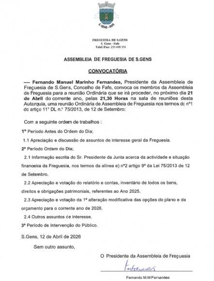 Edital - Reuni&atilde;o Assembleia Freguesia